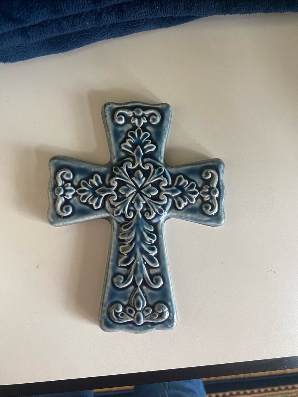 Hobby Lobby Blue Embossed Ceramic Wall Cross